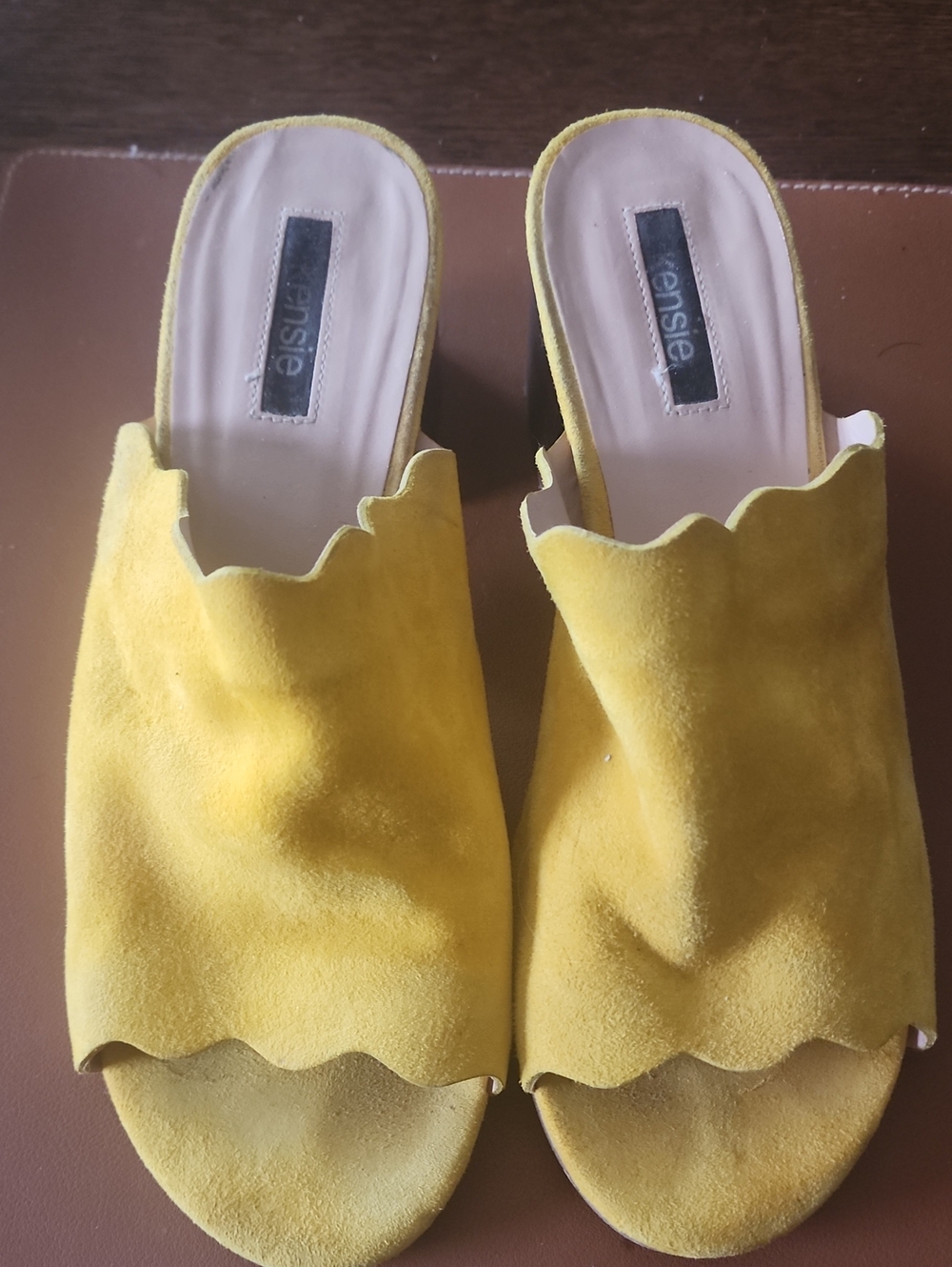 Kensie Yellow Suede Scallop-Edge Slide Mules